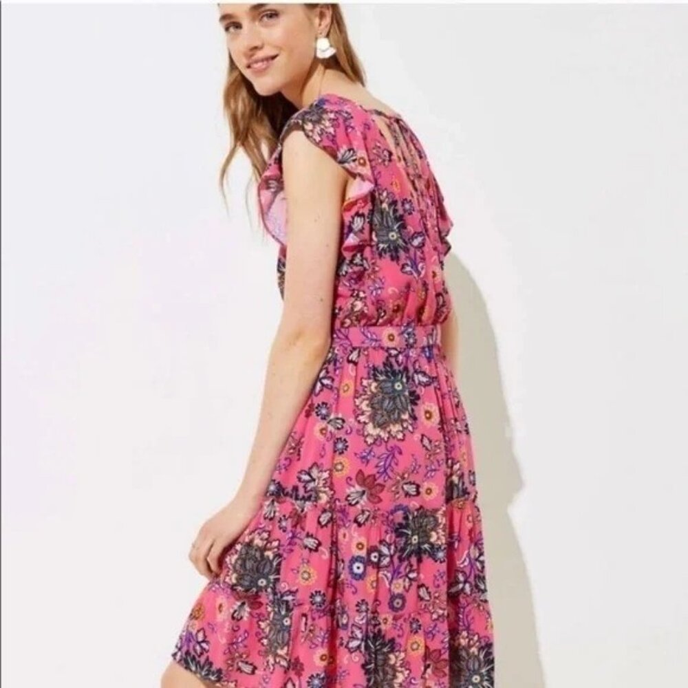 Loft Flutter Sleeve Ruffle Hem Pink Floral V Neck Dress Open Back Size 20 - Picture 2 of 14